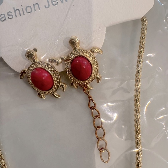 Gold Turtle Pendant Necklace with Red Stone and Earring Set - Picture 2 of 5
